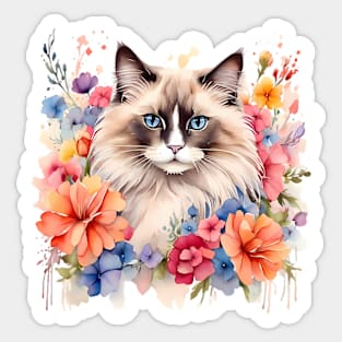 A ragdoll cat decorated with beautiful watercolor flowers Sticker